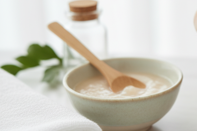 Woman applying a skincare product to her face with a bowl of cream and towel on a marble surface.